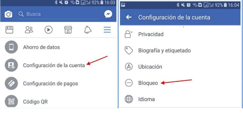 menu de configuraciones de facebook